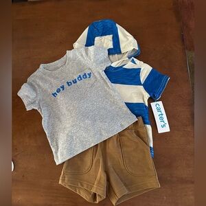 3 piece stripped short sleeve hoodie hey buddy t-shirt shorts set